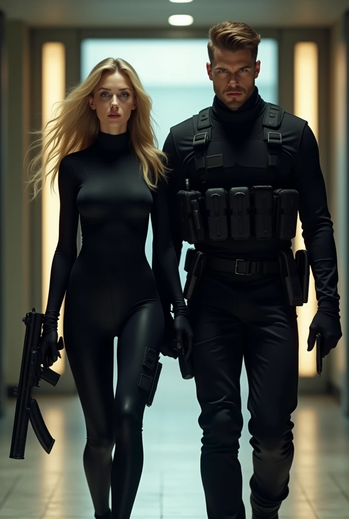 Create the image of a 22 year old blonde girl, blue eyes, clear skin, thick lips, slim, dressed in a tight black combat suit and carrying a gun, Together with her, she creates a 31-year-old boy, clear skin, eyes the color of honey, Brown hair, muscular, dressed in a black combat suit and carrying a weapon Create them making a dramatic entrance to an important place