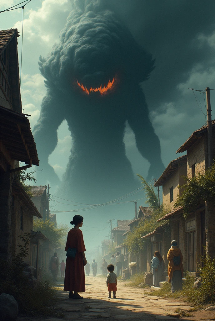 Make an image where in a town a shadow came that was violence and a child witnessing what that shadow was doing was afraid, but thanks to his grandmother I can make the town return to total joy, because that shadow caused everyone to fight.