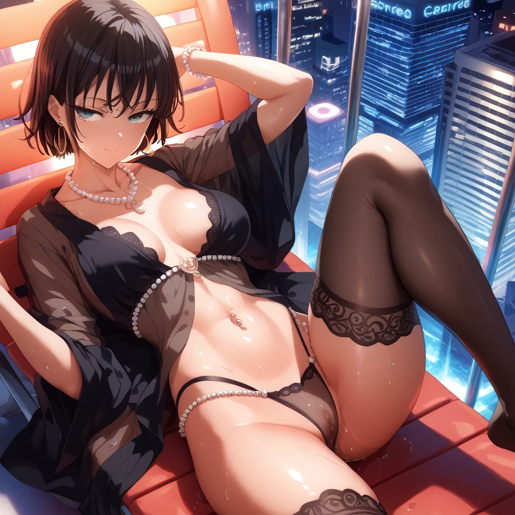 (SAFE FOR WORK), 1 female, Yusuke Murata style, Fubuki from One Punch Man, anime-style face, sexy face, high angle, aerial view, laying down, really wet body, longer face, short black hair, fully lidded eyes, green eyes, puckered lips, no lipstick, slim/toned body, extremely slim waist, arched back, perfect hour glass shape, skin shine, GGG breasts, perfect ass, black translucent robe, flowing black robe, black stockings, jeweled navel piercing, large hoop earrings, multiple jewellery across chest, 5 pearl necklaces, sitting on lounge chair, night, detailed city background, futuristic city, penthouse, lots of skyscrapers, Tokyo, Japanese symbols neon lights, volumetric lighting, thick thighs, more details, both hands across chest, tiny hearts floating above head, legs spread open, wet crotch 