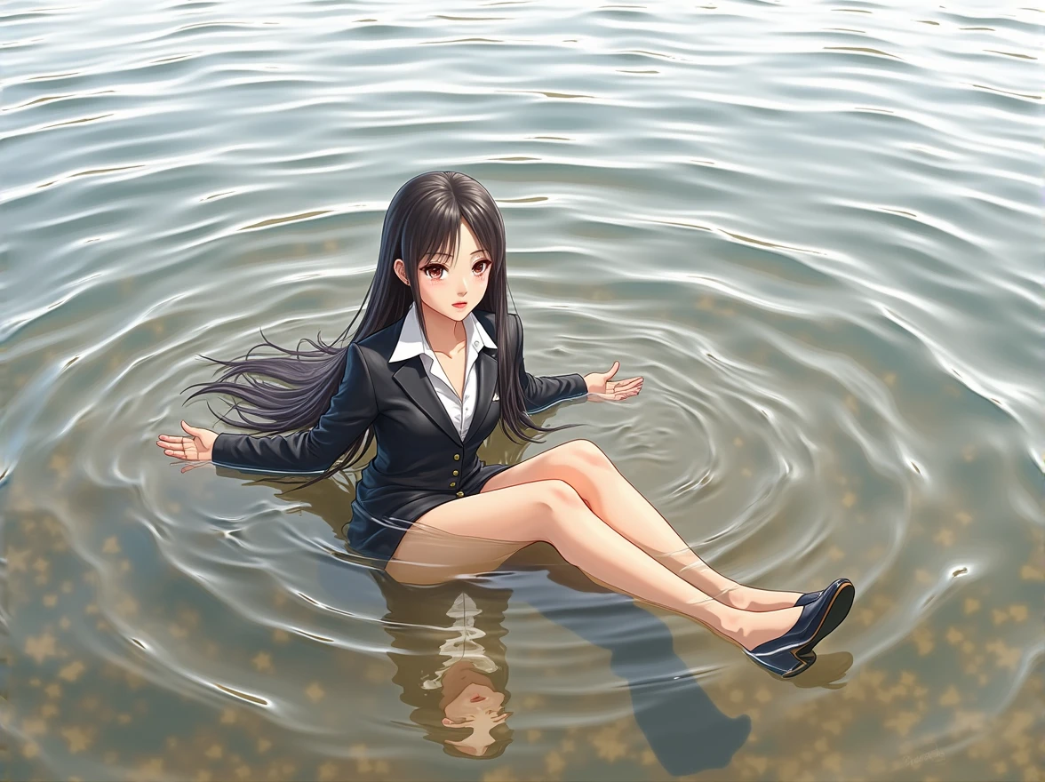 (photorealism:1.2), Japanese woman, 35 years old, not looking at camera, some spots on the face, not putting on make-up, sitting in the river water, wearing business suits and shoes, black long straight, outdoors, soft lighting, relaxed pose, realistic, intricate details, cool colors, some distance from Camera