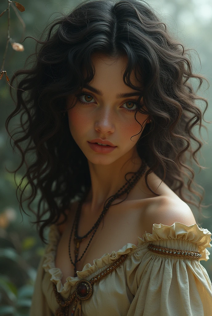 Make a fantasy style drawing of an innocent and delicate woman , olive skin color, very curly 3B hair, full and long, brown eyes with old war clothes