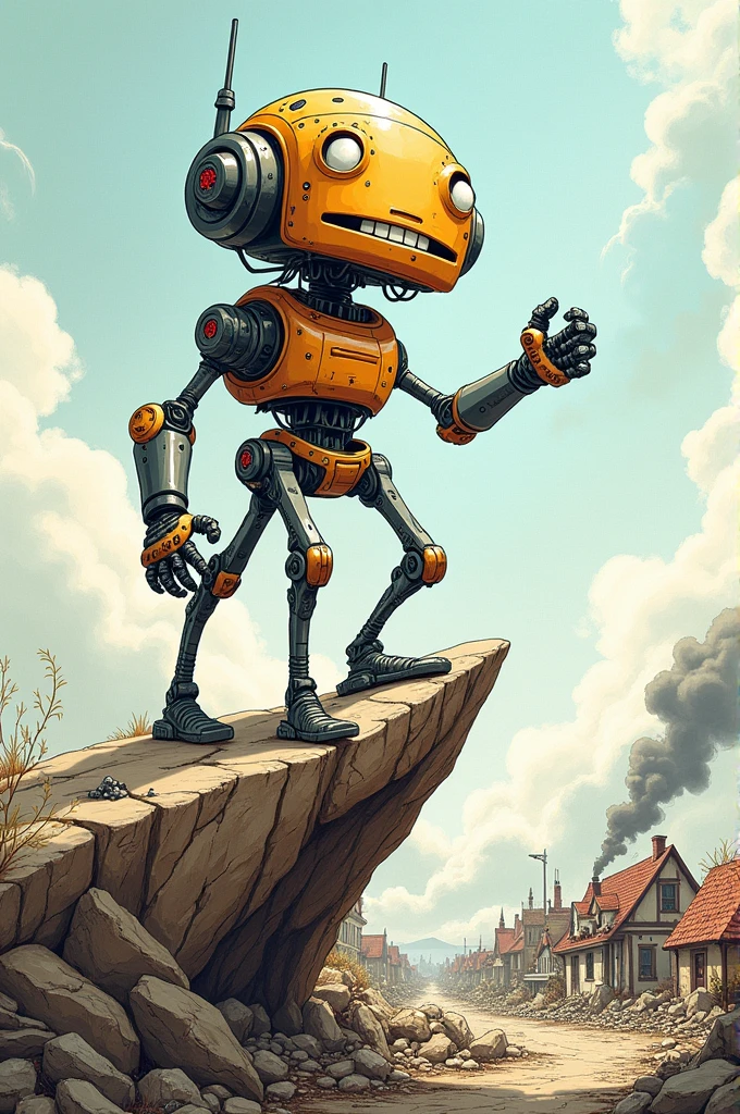 A caricature drawing, a six-legged robotic being standing on top of a rock, admiring how a town was destroyed