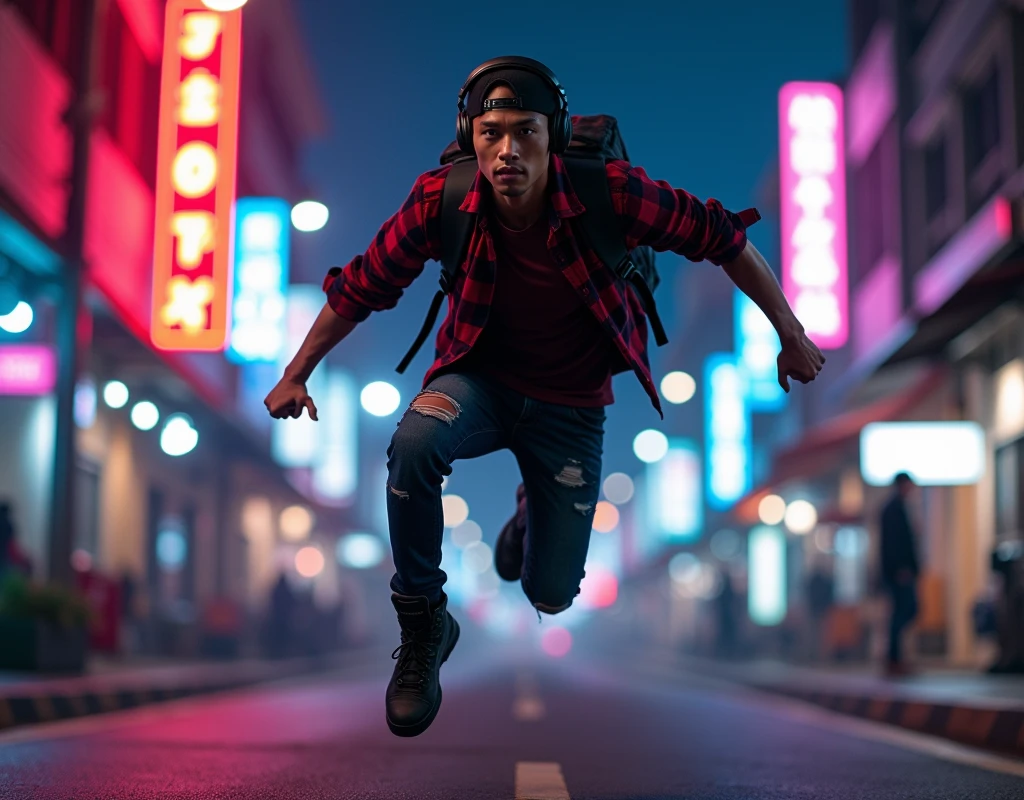 Hyper realistic, a 28 year old Indonesia man jumping on the neon cyberpunk street, ideal body, look straight ahead, wearing dark red flannel shirt and dark ripped jeans pants and black hiking hi-shoes with black backward trucker hat, wear dark leather backpack, wear headphone, masculine photoshoot pose, arrogant man expression, happy, romantic, Bandung night town as background. Use soft photography lighting. top lighting. top lighting, slide lighting, high quality photos, UHD, 64k. shot with Canon EOS 5D Mark IV, cinematic portrait, Realistic face, not changing face, no mustache, Real photo, unchanging face, background change. Real Picture 8k ultra, man, gamer, hyper detailed, sharp focus, studio photo, intricate details, highly detailed, photo real, bright colors, digital graphics, unreal engine, blender art, perfect composition, octane rendering, masterpiece, sharp focus, high detail, art station, concept art, perfect composition, a model of ultra-high quality and clarity, perfect play of light and shadow, 32k UHD, hyper-detailing, complex artistic masterpiece, ((best quality)), ((masterpiece)), (detailed), perfect face