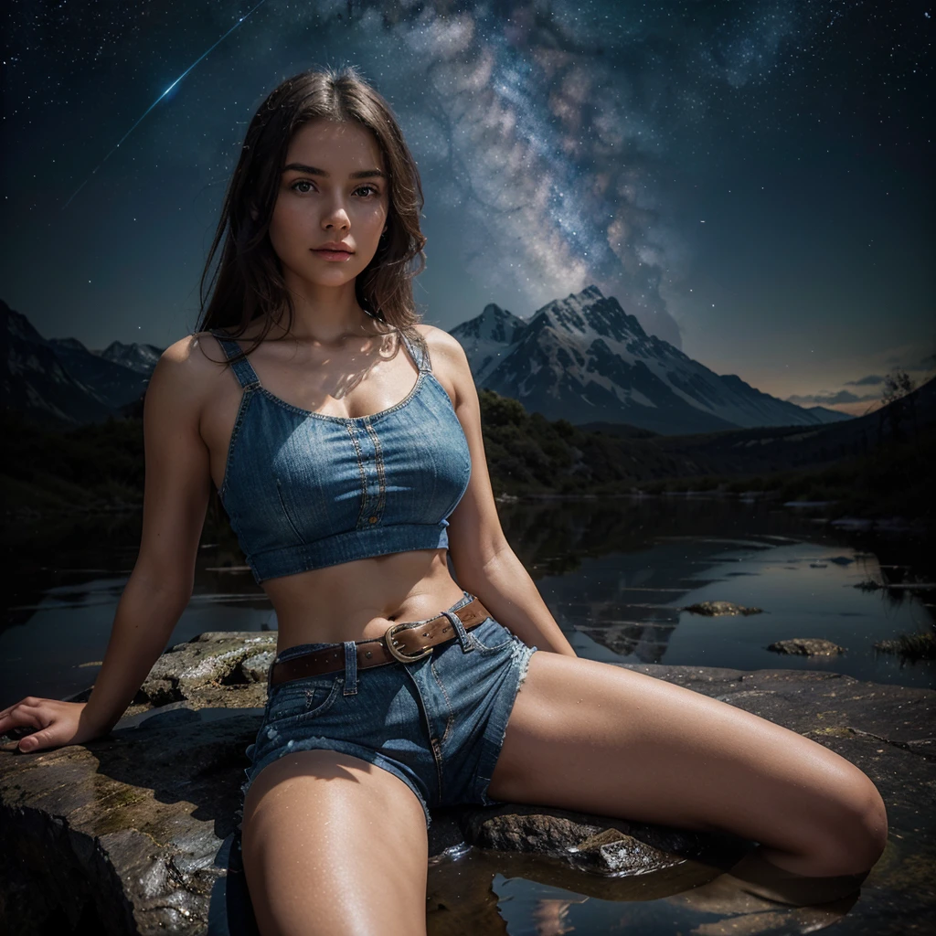 spherical body A captivating digital painting of a young woman sitting cross-legged on a reflective surface under a star-filled sky. She has a delicate, thoughtful expression, with large, soft eyes and slightly flushed cheeks. She is wearing a simple white crop top that reveals her midriff, paired with denim shorts. A stylish brown leather belt with a prominent golden buckle rests around her waist. The background is a mystical, mountainous landscape illuminated by a cosmic nebula and distant stars. Glowing orbs of light float around her, adding to the ethereal and dreamlike atmosphere. The overall scene blends elements of fantasy and science fiction, creating a serene yet mysterious mood."