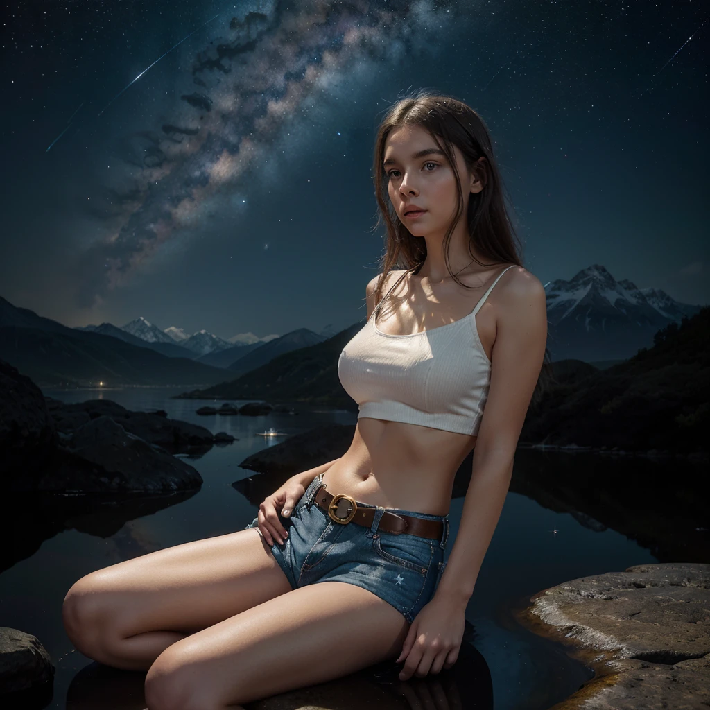 spherical body A captivating digital painting of a young woman sitting cross-legged on a reflective surface under a star-filled sky. She has a delicate, thoughtful expression, with large, soft eyes and slightly flushed cheeks. She is wearing a simple white crop top that reveals her midriff, paired with denim shorts. A stylish brown leather belt with a prominent golden buckle rests around her waist. The background is a mystical, mountainous landscape illuminated by a cosmic nebula and distant stars. Glowing orbs of light float around her, adding to the ethereal and dreamlike atmosphere. The overall scene blends elements of fantasy and science fiction, creating a serene yet mysterious mood."