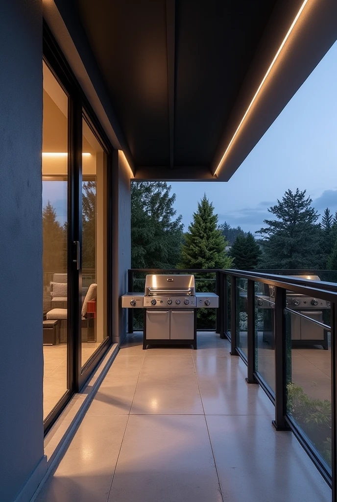 Balcony measuring 2,80 meters by 2 meters. With modern finishes and a grill in the corner, glass railings with stainless steel. black ceiling with led lighting, polished concrete floor, There are two walls on either side of the balcony. 