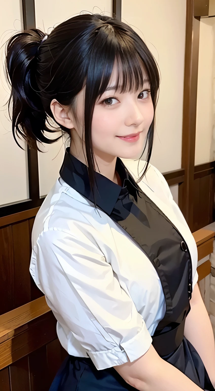 (Highest quality,masterpiece:1.3,Ultra-high resolution,),(Very detailed,Caustics),(Realistic:1.4,RAW shooting,)Ultra-Realistic Capture,Very detailed,High resolution 16K human skin closeup。 Natural skin texture、,pores、、、、It must be detailed enough to be easily identifiable。 Skin tone is even and healthy looking。 Use natural light and color,restaurant,Waitress Uniform,1 person,Japanese,18-year-old,cute,Black-haired,ponytail,Big Breasts,smile,Turn your body forward,(Front view:1.1),Looking into the camera,Cowboy Shot,