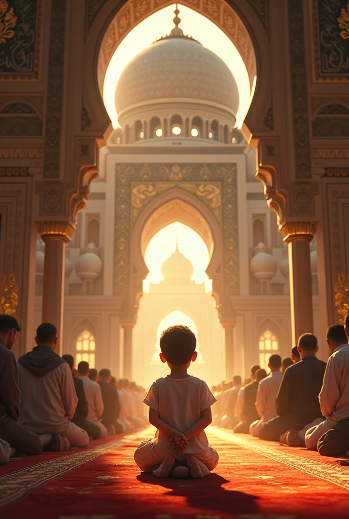 Beautiful Islamic mosque and a child pray . And many people in the namaz.