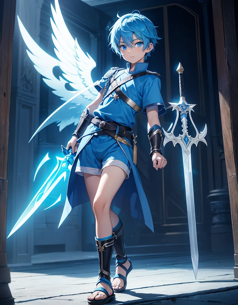 Young angel boy with blue hair, blue eyes and fair skin innocent and happy, wearing neon blue  tunic, blue shorts, gauntlets and sandals, weilding sword and shield, blue armor, fullbody, medieval background, boyish athletic, angel wings