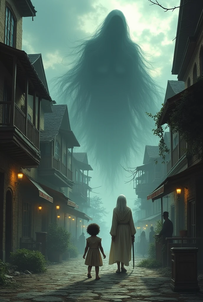 Make an image where in a town a shadow came that was violence and a child witnessing what that shadow was doing was afraid, but thanks to his grandmother I can make the town return to total joy, because that shadow caused everyone to fight.