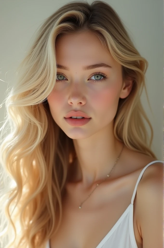 Create a woman with blonde hair, white skin, fine features, and a beautiful face