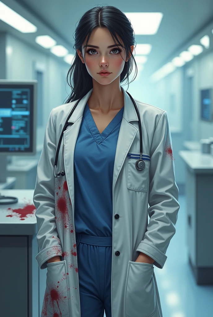 Female doctor with blood on her cloth