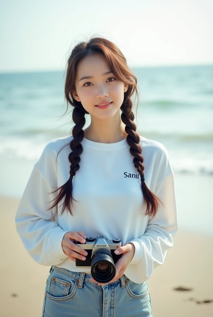 1 20 year old Korean girl with beautiful white skin, well maintained face, standing on outdoor solo beach, white long shirt with santi logo, holding camera,, realistic levis pants, brown hair, smiling, brown eyes, Black Hair, Long, Twintails, Viewer Looks, bokeh background,