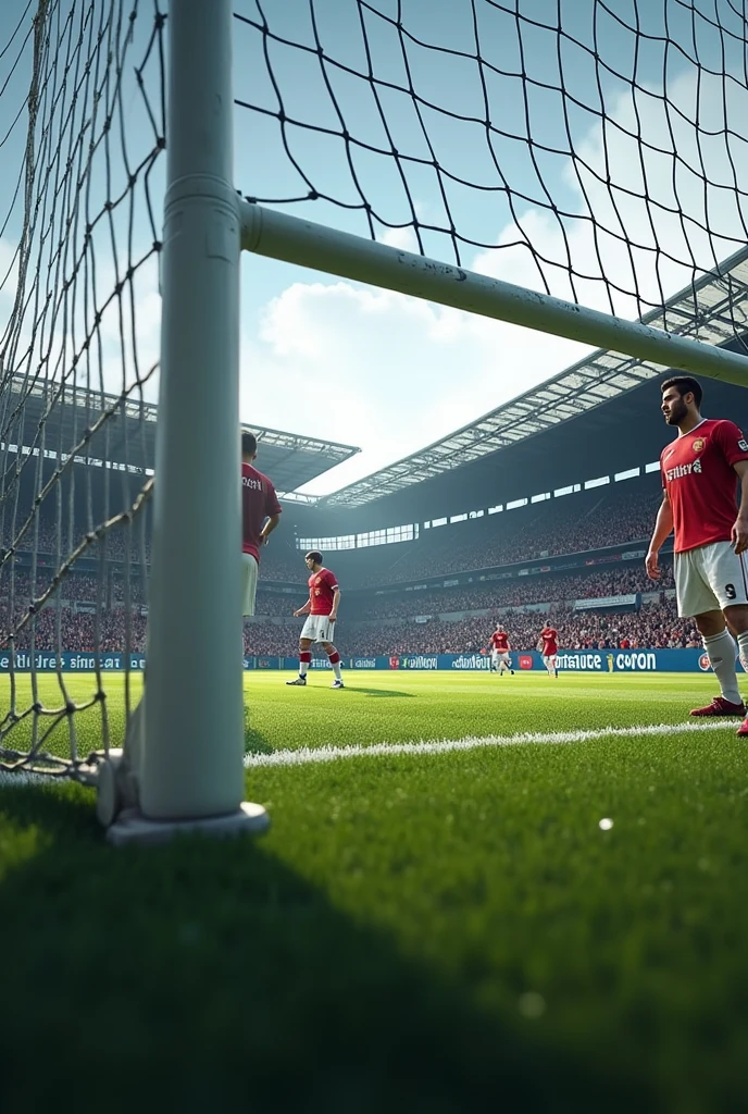 I want a stadium with stands where you can see the goal from the front, like you're going to take a penalty kick, but without any goalkeeper or ball. However, I want to see the goal close up, not far away. I also want people in that part of the stands, and I want to be able to see something like a neighborhood, I want that goal to be closer.
