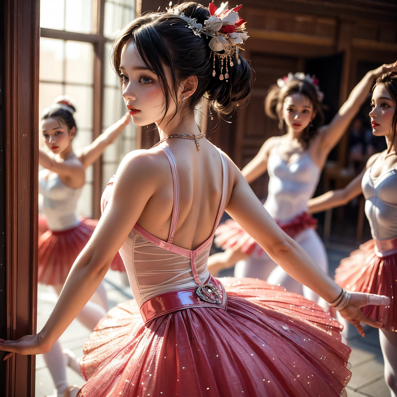 SFW, ExtremelyDetailed (((Kawaii Ballet Girls Group in a row:1.37))), Childish perfect face, Reflective Eyes, Detailed(Delicate Clothing textures), Corrected Leg Line, Corrected Hand, Dynamic Joyful Expressions LifeLike Rendering, ((Specular Reflection:0.8)), TopQuality 8K Ultra-detailed masterpiece (ProfessionalPhoto:1.37)(Acutance:0.8),(Luminism:1.28), Light particles, (Muscle:-0.5), (Transparent tutu), facing away (Clearly visible Beautiful hip shape) (from side), Renaissance art style