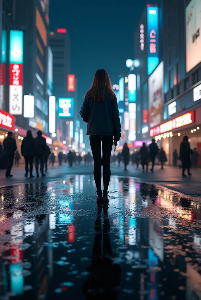 masterpiece,Highest quality,(Ultra-high definition CG Unity 8K wallpaper),(Highest quality),Physical Rendering,puddle,City view reflected on the water,Reflection of light,night,Busy Street,Passers-by々,Shibuya City,Woman Standing Alone,