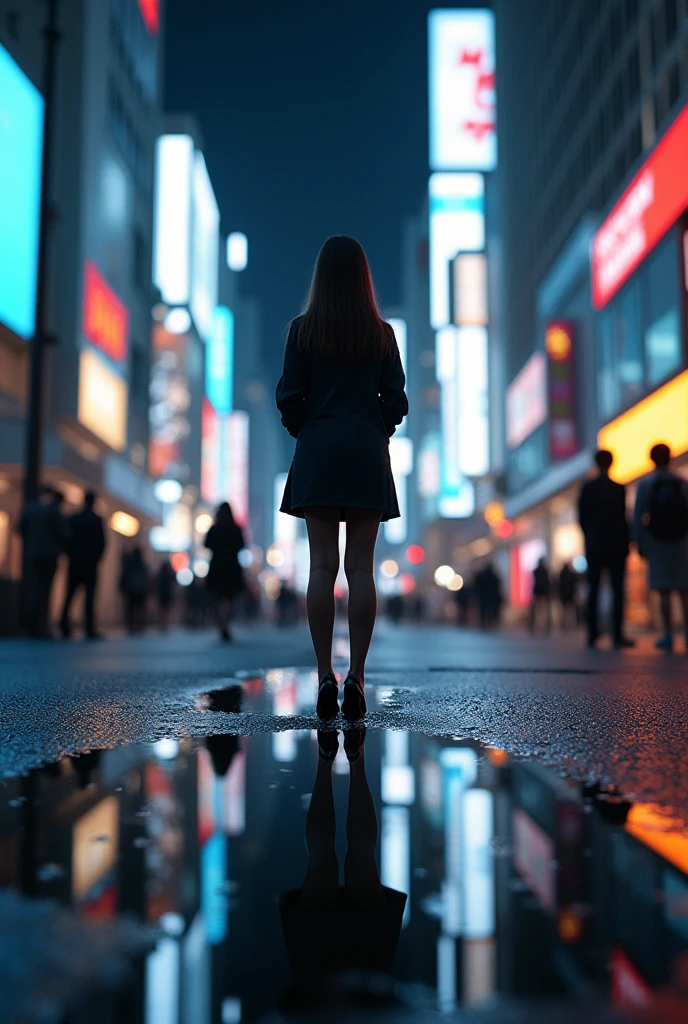 masterpiece,Highest quality,(Ultra-high definition CG Unity 8K wallpaper),(Highest quality),Physical Rendering,puddle,City view reflected on the water,Reflection of light,night,Busy Street,Passers-by々,Shibuya City,Woman Standing Alone,