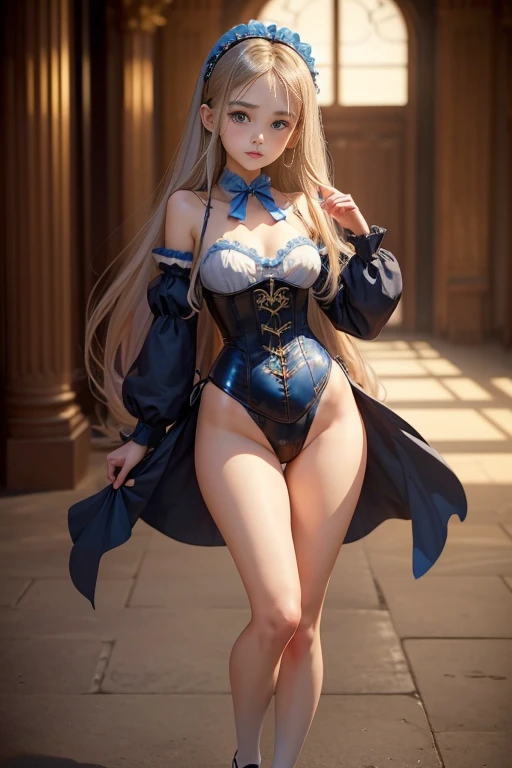 ((4k、8k、highest quality、perfect fingers: 1.3、perfect anatomy: 1.3、background blur：1.1))、(conversion sequence)、((beautiful slender girl、blushing and confused、Cute big droopy eyes、Two side up straight long hair、 girl、small breasts))、((blue butler suit leotard、long sleeve、corset、luxuriously decorated headband))、(High leg)、Are standing、full body description、wide shot、Inside the aristocratic hall、