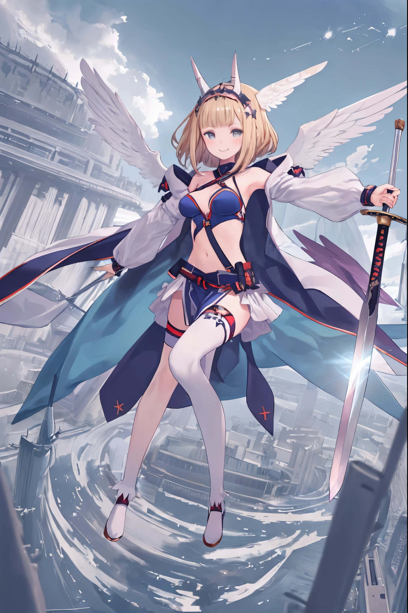 fantasy, 1devil_girl, low_, platina_blond_hair,long_bangs,, bare_shoulder, navel out, thighhighs,silver_armor, white_clothes,waist_armor, Glebe, hold_swords, medium_breasts, dynamic_flying_pose,Floating, (1pair_wings:1.2),(pelvic_curtain:1.3), silver_Headgear ,looking_down_at_sunrise_city_sky_background,,slightly_spread_legs, some_swords,some_swords_floating_around_the_girl,solo,horn ,smile,,open_legs,open_arms,rise_knee,rise_leg,rise_thigh,rise_leg,forward_leaning_posture,apart_legs,