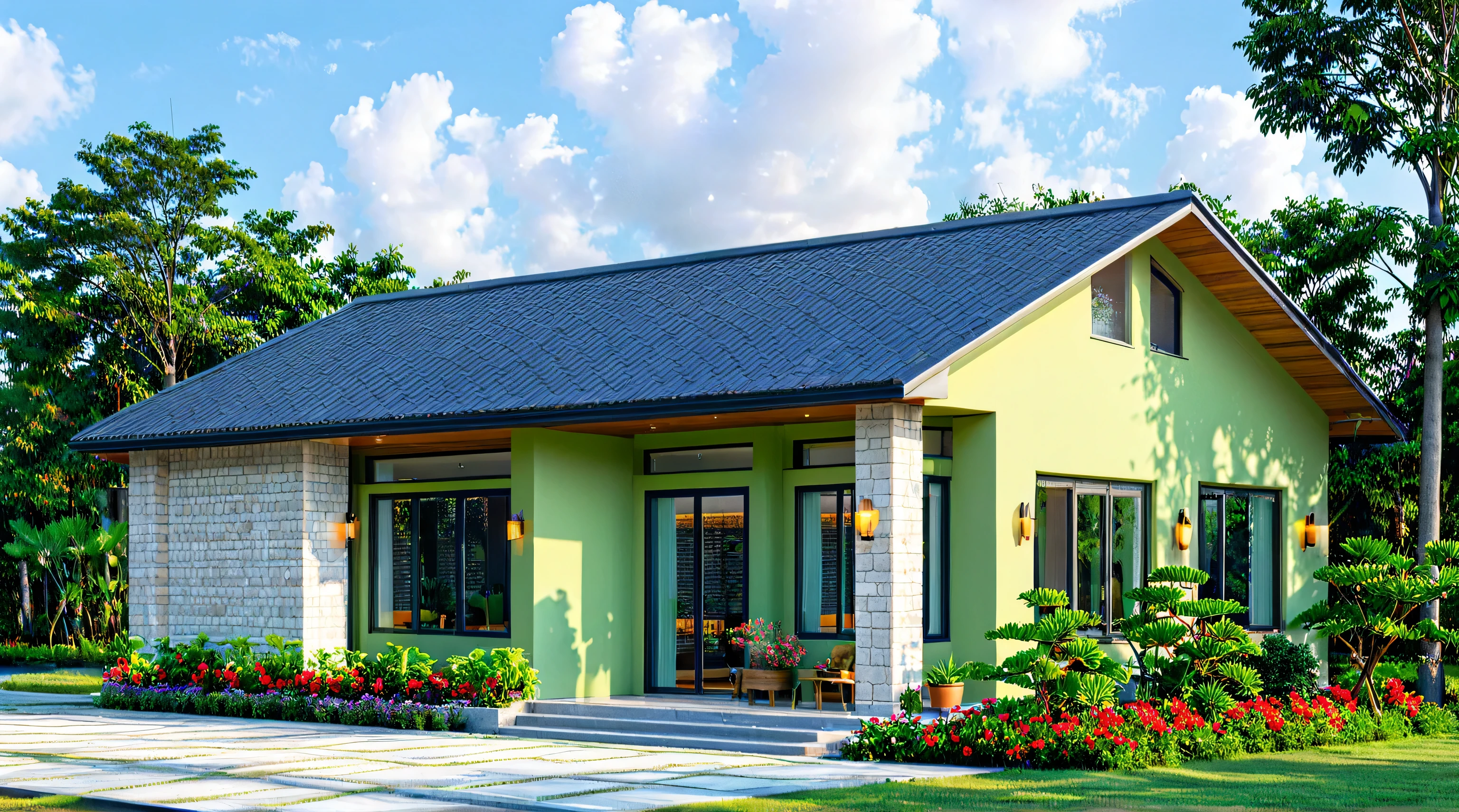 Raw photo, masterpiece, high quality, best quality, realistic, super detailed, outdoor, 1-storey house, modern townhouse style, ((((light green wall)))), tiled roof dark blue, wooden ceiling, aluminum glass doors, interior lights, simple living room furniture, luxury furniture, curved plant pots, natural stone walls, roads, sidewalks, grass, trees, sky, clouds, (daylight):1.1)