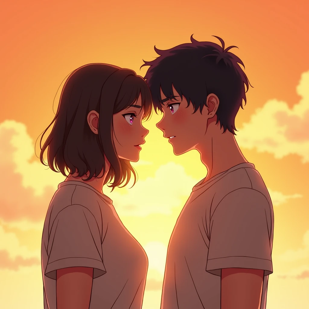 masterpiece, Best Quality, {Best Quality}, {{masterpiece}}, {alta resunución}, {{{campo campo}}, extremely detailed couple, illustration, couple, 1 chico, 1 girl, couple, amar, amar, romantic, sharp focus, male focus, female focus, black fur, violet eyes, sun, sunlight, lifting, surprised, envy, Orange sky, t-shirts, leisure clothing for men, expressionless, Feminine fashion