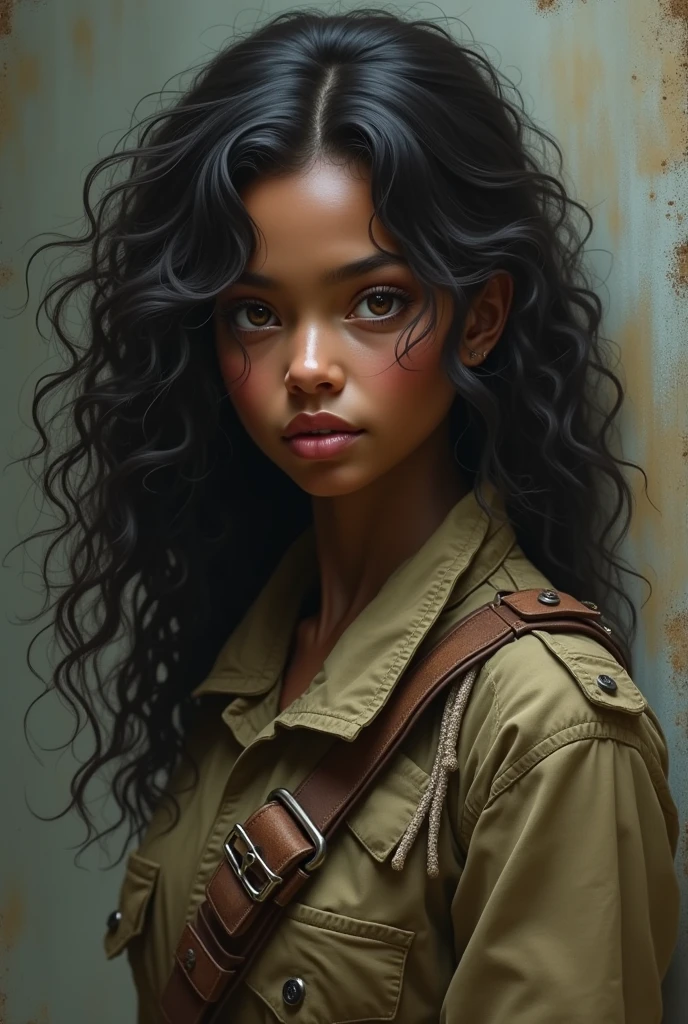 Make a fantasy style drawing of an innocent and delicate woman , dark skin color, very curly 3B hair, full and long, brown eyes with old war clothes 