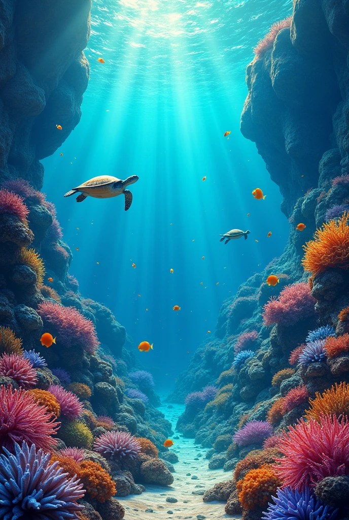 Create a high-resolution 6mp digital artwork depicting a serene and vibrant underwater scene. Include a diverse range of marine life such as colorful coral reefs, schools of tropical fish, and gentle sea turtles. Use bright, vivid colors and play with light filtering through the water to add depth and realism. The overall mood should be tranquil and awe-inspiring, capturing the beauty and mystery of the ocean depths."Alphonse Mucha. Image must be 300dpi per dot.