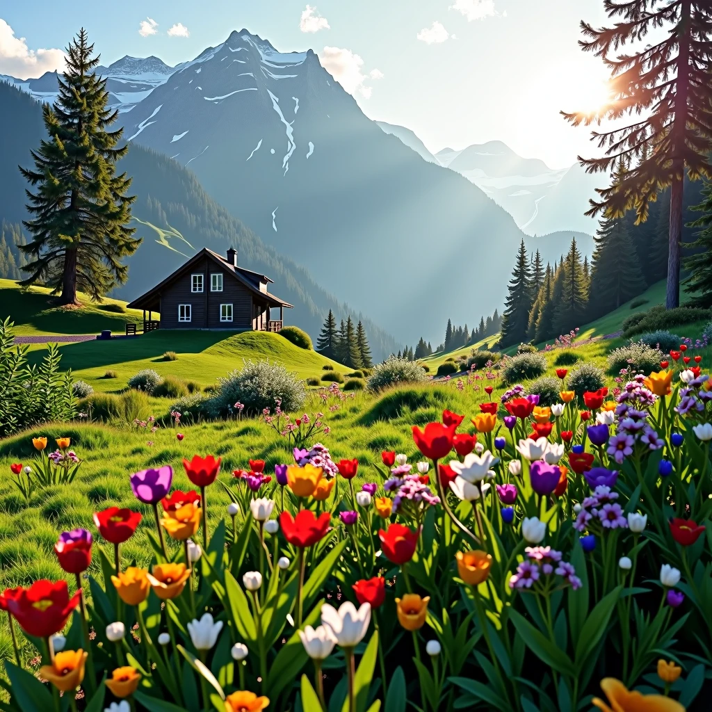 spring Flowers on one side Morning light Mountain hut in the distance Colorful flowers nearby early morning