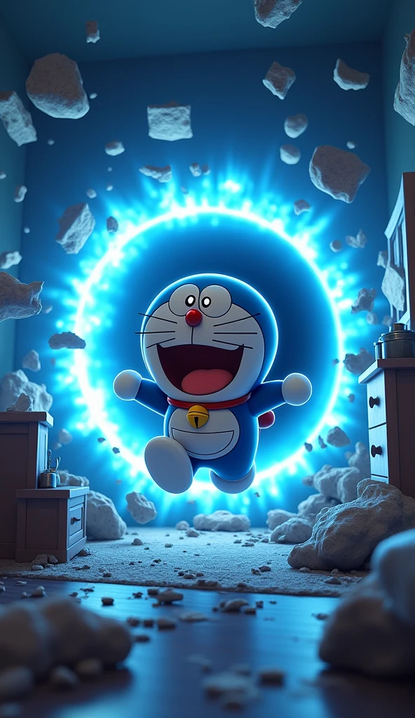Doraemon sitting in the room , Next to it is a blue black hole, Objects in the house were blown away, Doraemon's face is panicked as he gets sucked into the black hole.
The 3D image is sharp in every detail.