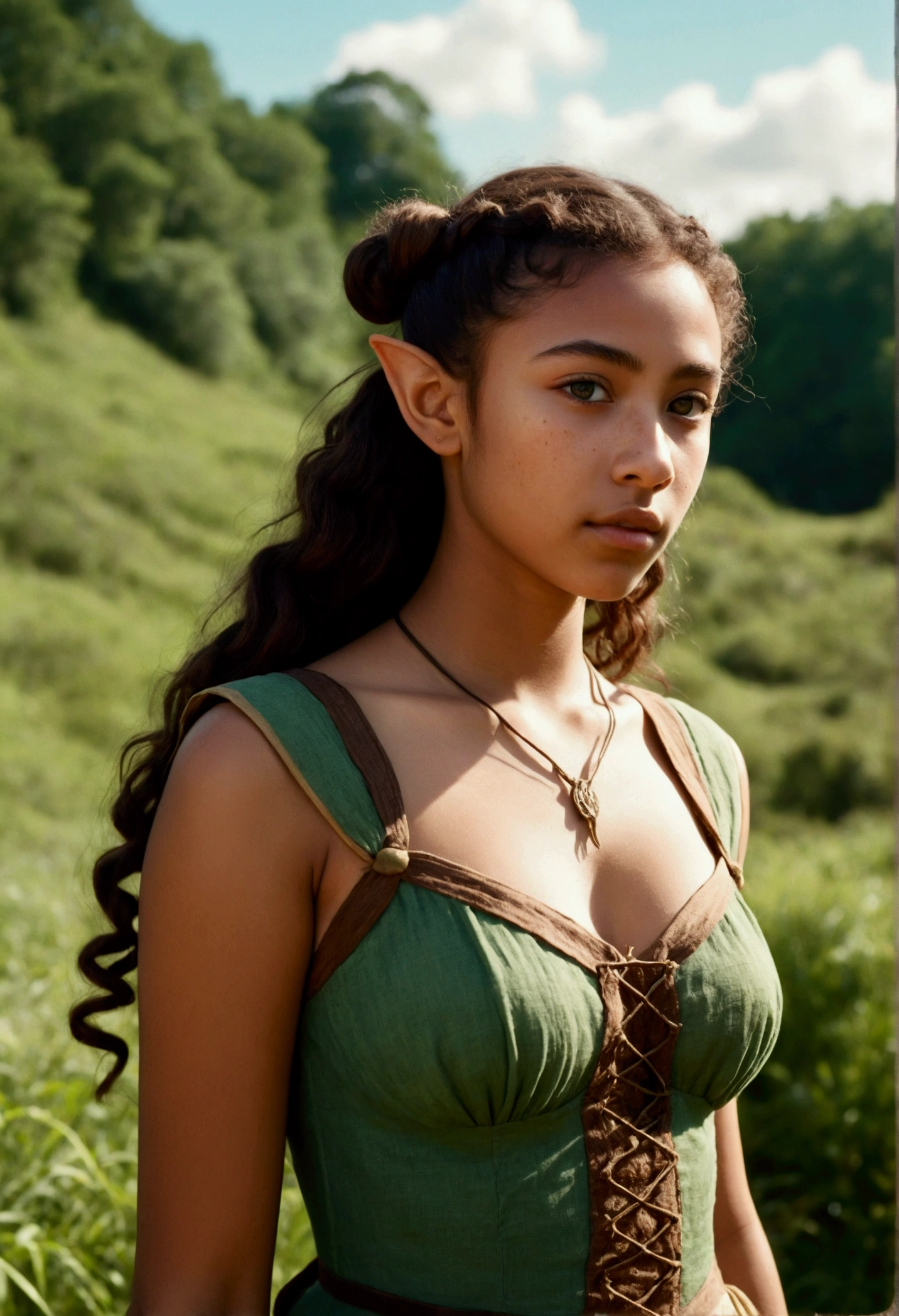 analog film photo, photo of a young elven girl, 18 years old, elf ears, jade eyes, curly brunette ponytail, brown skin, freckles, Amazonian stature, voluptuous hourglass figure, busty bosom, narrow waist, full hips, big plump buttocks, wearing a linen sun dress, strolling through a sunny fantasy landscape, RAW Photograph, dslr, soft lighting, high quality, film grain, Fujifilm XT3, detailed skin with visible pores, insane details, masterpiece, 8k, 35mm photograph, dslr, kodachrome, faded film, desaturated, grainy, vintage, Lomography, stained, highly detailed, found footage, close-up shot, elven ears
