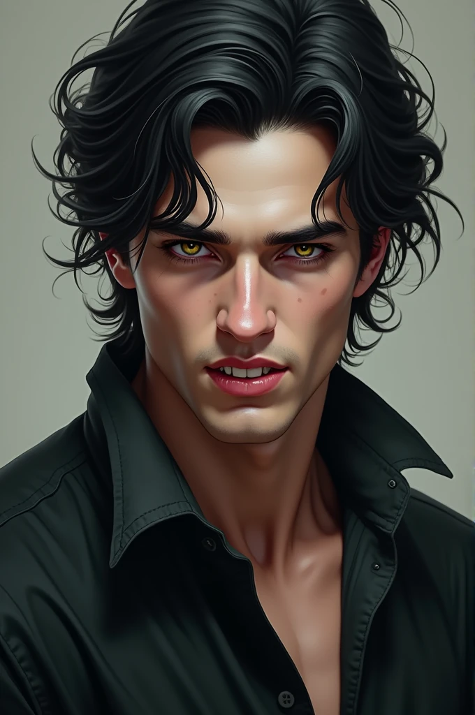 Portrait of a man in his mid-20s to early 30s with dark, thick hair, curled around the nape of his neck and falling forward to brush his equally dark eyebrows. High and wide cheekbones, A straight nose, square, firm jaw and a well-shaped mouth, a smile that curves the right side of his lips upwards revealing a deep dimple, and his golden eyes and his pointed fangs like a vampire's