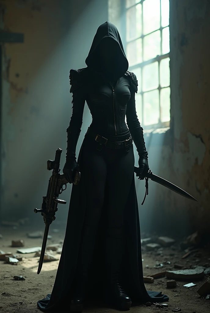 La Silhouette des Ombres
Dans les entrailles d'un bâtiment abandonné, où la lumière se faufile à travers les vestiges du temps, une figure énigmatique se dévoile. Son apparence est un poème visuel de ténèbres et de mystère, capturant l'essence même de l'obscurité dans chaque pli de son costume.
La tenue, d'un noir si profond qu'il semble absorber la lumière environnante, est un chef-d'œuvre d'intimidation et de grâce mortelle. Un corset ajusté, orné de lacets serrés, sculpte sa silhouette, alliant force et féminité dans une symphonie de cuir travaillé. Cette pièce centrale n'est pas seulement un élément esthétique, mais une armure souple, prête à affronter les défis les plus ardus.
Ses bras sont gainés de longs gants qui s'étirent bien au-delà des coudes, leur surface lisse uniquement interrompue par des articulations renforcées, offrant une dextérité optimale sans compromettre la protection. Ces extensions de sa volonté semblent faites pour manier avec une précision mortelle les armes qu'elle porte.
Les jambes sont enserrées dans des bottes hautes, massives et pourtant élégantes. Chaque boucle, chaque sangle semble avoir un but précis, qu'il s'agisse de dissimuler une lame ou d'assurer une stabilité parfaite sur tous les terrains. Ces bottes ne sont pas de simples chaussures, mais les fondations d'une prédatrice urbaine.
Mais c'est la capuche qui attire irrésistiblement le regard, ou plutôt, qui le repousse avec une force magnétique. Baissée sur son visage, elle ne laisse entrevoir qu'une promesse d'obscurité, un vide qui défie l'observateur de tenter de percer ses secrets. Cette absence de traits humains transforme la silhouette en une entité presque surnaturelle, un spectre né des ombres elles-mêmes.
Dans ses mains, les instruments de sa profession : d'un côté, une lame courbe dont l'éclat trahit une acuité meurtrière. De l'autre, une arbalète compacte et moderne, fusion parfaite entre tradition ancestrale et technologie de pointe. Ces armes ne sont pas de