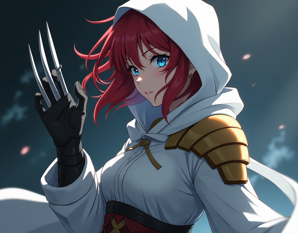 Draw me an anime style image of a female assassin with red hair and blue eyes. She wears a white hood and a long-sleeved white church assassin outfit with a black glove on her right hand and a blue corset., Make him wear a Wolverine-style bladed gauntlet on his left hand., Add a gold-colored shoulder pad on the right shoulder, Take a profile picture and add a dramatic background, has shoulder length hair.