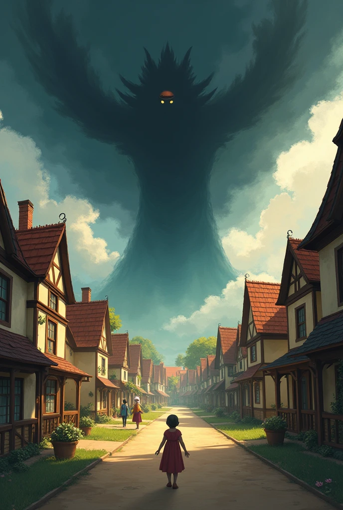 Make an image where in a town a shadow came that was violence and a child witnessing what that shadow was doing was afraid, but thanks to his grandmother I can make the town return to total joy, because that shadow caused everyone to fight.