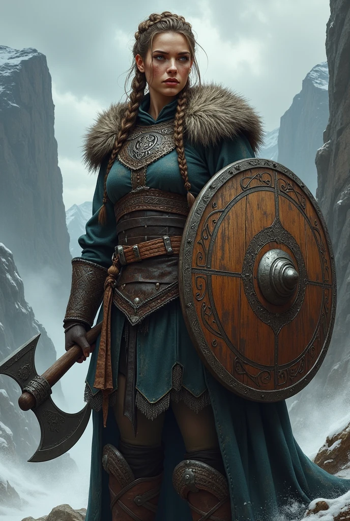 Drawing of a female viking warrior with strong body and scar on left eye, holding a round wooden shield and a viking axe