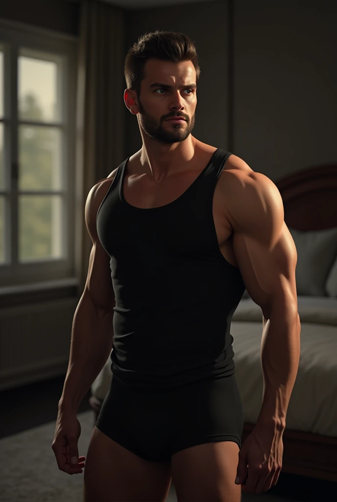 A man in black trunk underwear in bed room and were black tank top under vest and were only black tank top under vest under vest under vest under vest under vest under vest