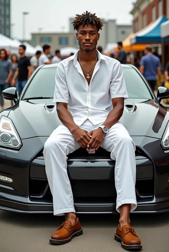 (photorealism:1.2), man, curly short hair, trouser pant white, white shirt, wide legs, sitting at front hood, nissan r35, car show, whole body, model, relax pose, realistic, intricate details, warm colors, realistic, ultra realistic, 4k picture, textured skin,