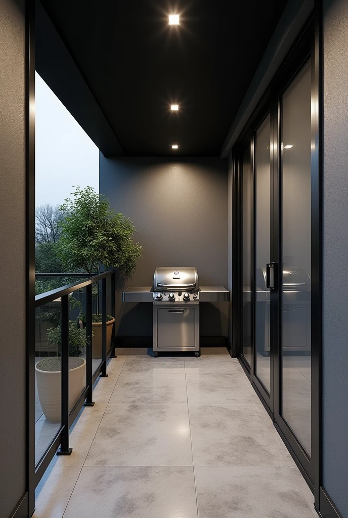 Balcony measuring 2,80 meters by 2 meters. With modern finishes and a grill in the corner, glass railings with stainless steel. black ceiling with led lighting, polished concrete floor, There are two walls on either side of the balcony.