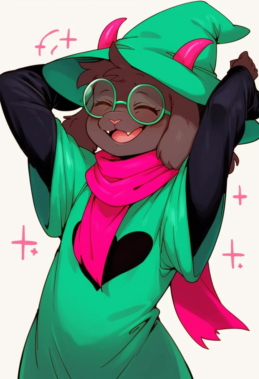 {{artist: %Doppel (Bonnypir)%}} (score_9, score_8_up),furry, fur, face, Ralsei(deltarune), goat, dark fur, pink horns but green because covered by the hat, black sleeves, cute, green glasses, green hat, green shirt, standing, arms up with his hands doing the peace sign,pink scarf,closed eyes, happy, silly face