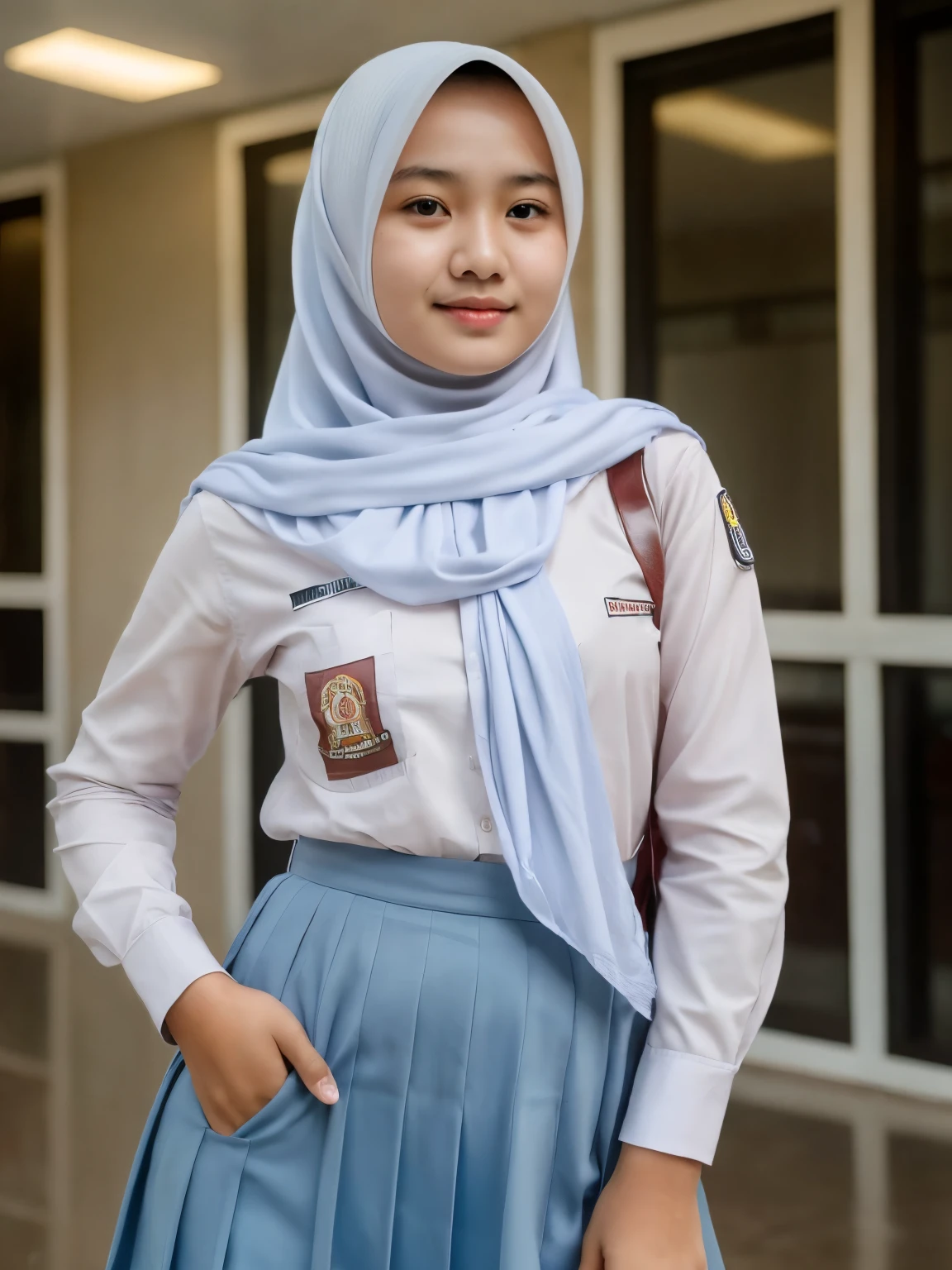 beautiful Indonesian High school girl , (white hijab), young, seragamsmahijab, school, waist up shot, realistic, photorealistic, photo-realistic:1.37, (best quality,8k,highres,masterpiece:1.2),ultra-detailed,HDR,UHD,studio lighting,extreme detail description,professional,vivid colors,bokeh,portraits