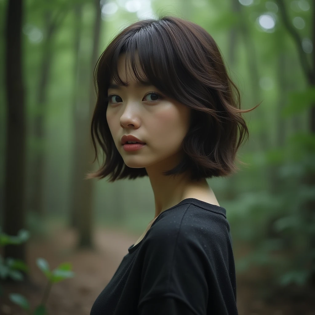 Highest quality, masterpiece, Ultra-high resolution, full body, Standing in forest, Fine grain, short hair, Brown color hair,Nekid,The face is tilted, Beautiful Face, japanese women, Age 25, rainy, backlight