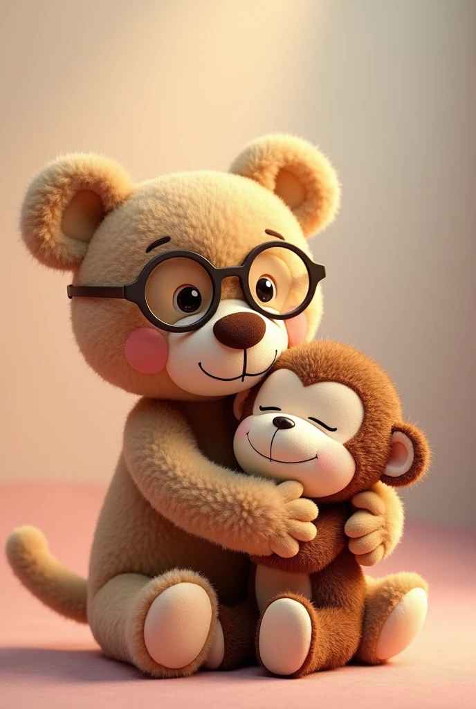 A teddy bear wearing glasses hugging and kissing a monkey plush with its eyes closed.