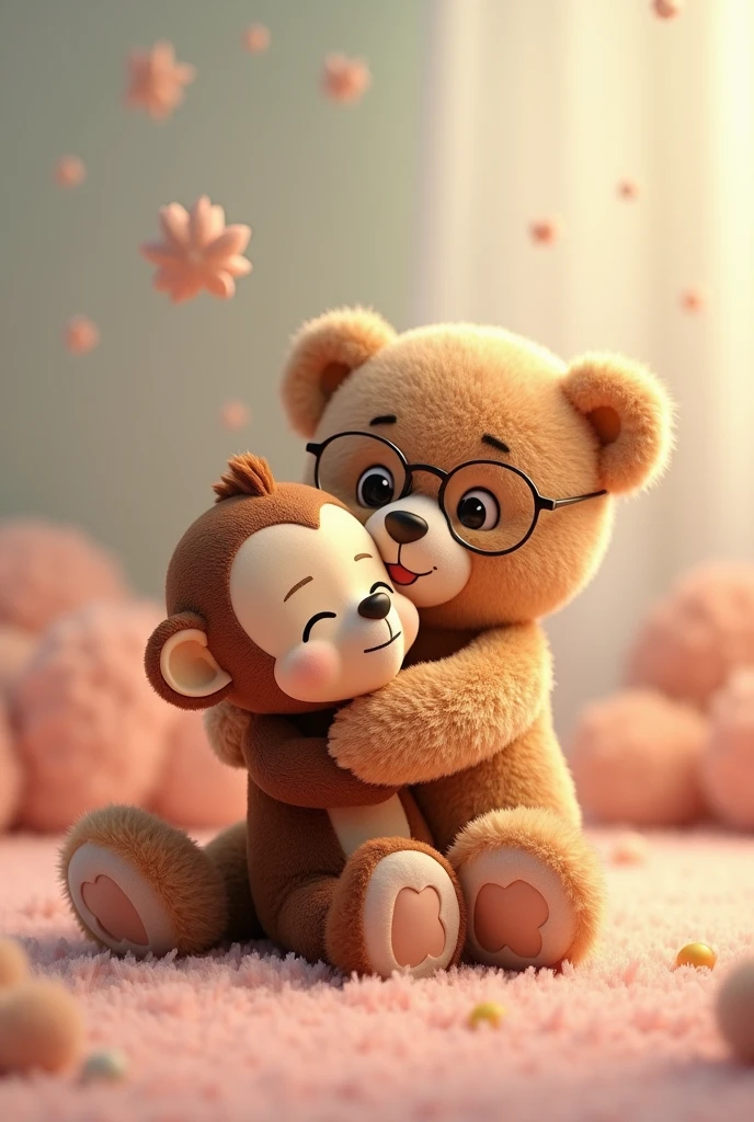 A teddy bear wearing glasses hugging and kissing a monkey plush with its eyes closed.