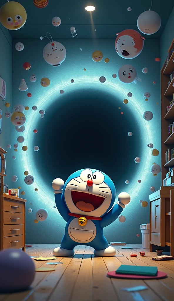 Doraemon sitting in the room , Next to it is a blue black hole, Objects in the house were blown away, Doraemon's face is panicked as he gets sucked into the black hole.
The 3D image is sharp in every detail.