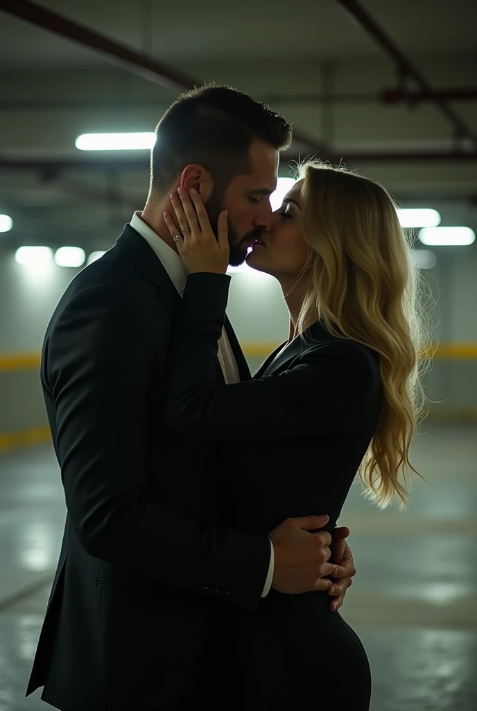 couple kissing in a covered parking lot, both executive dresses, she blonde white, he white, rubio, tall and muscular, he has his hands on his face