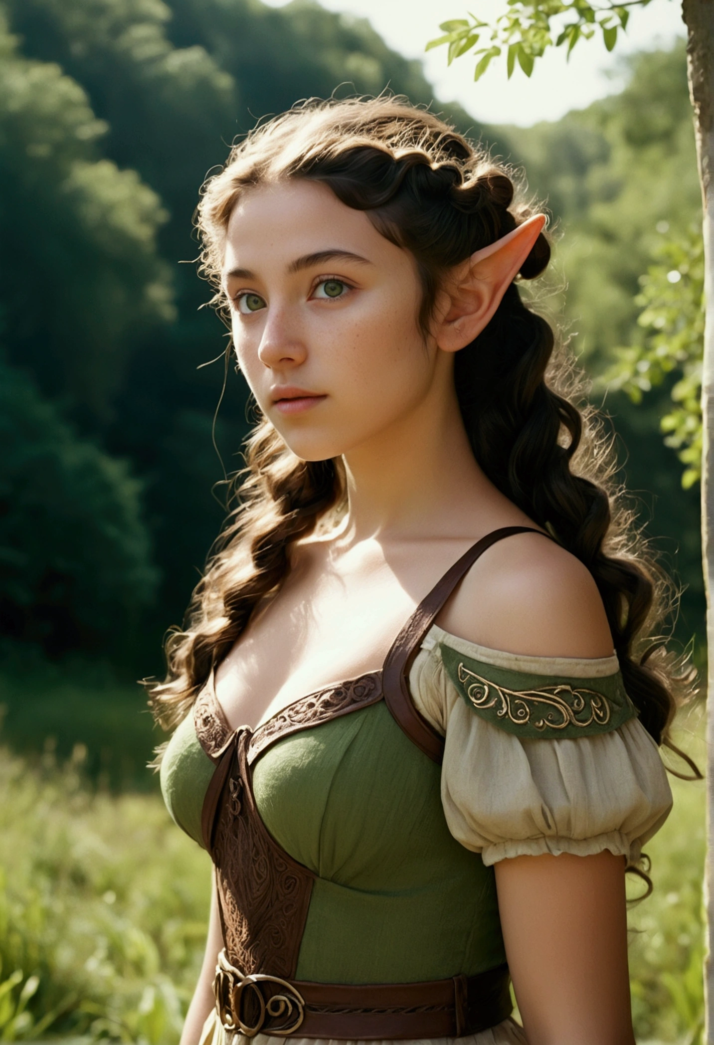 analog film photo, photo of a young elven girl, 18 years old, elf ears, jade eyes, curly brunette ponytail, olive skin, freckles, Amazonian stature, voluptuous hourglass figure, busty bosom, narrow waist, full hips, big plump buttocks, wearing a linen sun dress, strolling through a sunny fantasy landscape, RAW Photograph, dslr, soft lighting, high quality, film grain, Fujifilm XT3, detailed skin with visible pores, insane details, masterpiece, 8k, 35mm photograph, dslr, kodachrome, faded film, desaturated, grainy, vintage, Lomography, stained, highly detailed, found footage, close-up shot, elven ears
