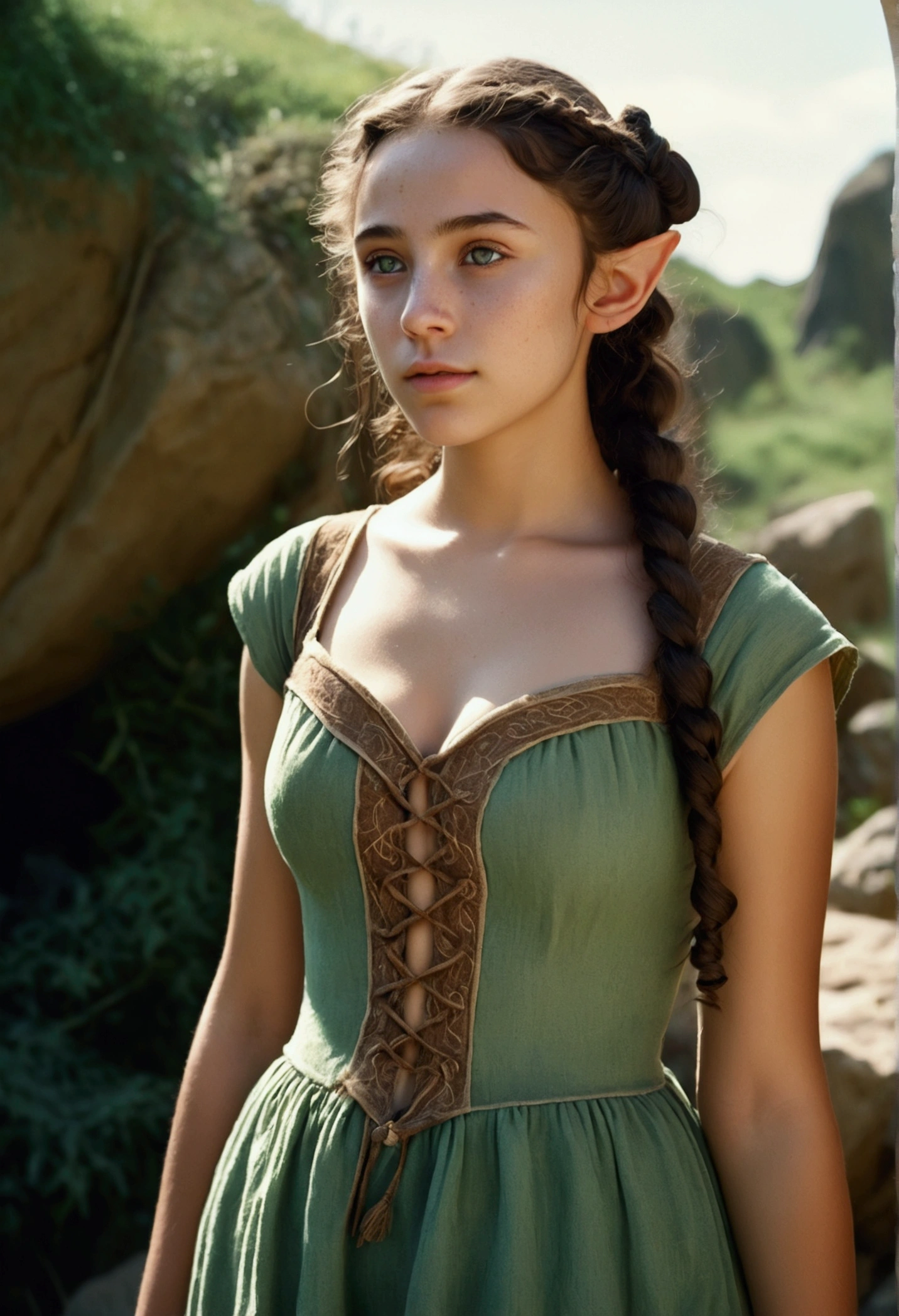 analog film photo, photo of a young elven girl, 18 years old, elf ears, jade eyes, curly brunette ponytail, olive skin, freckles, Amazonian stature, voluptuous hourglass figure, busty ?????, narrow waist, full hips, big plump buttocks, wearing a linen sun dress, strolling through a sunny fantasy landscape, RAW Photograph, dslr, soft lighting, high quality, film grain, Fujifilm XT3, detailed skin with visible pores, insane details, masterpiece, 8k, 35mm photograph, dslr, kodachrome, faded film, desaturated, grainy, vintage, Lomography, stained, highly detailed, found footage, close-up shot, elven ears