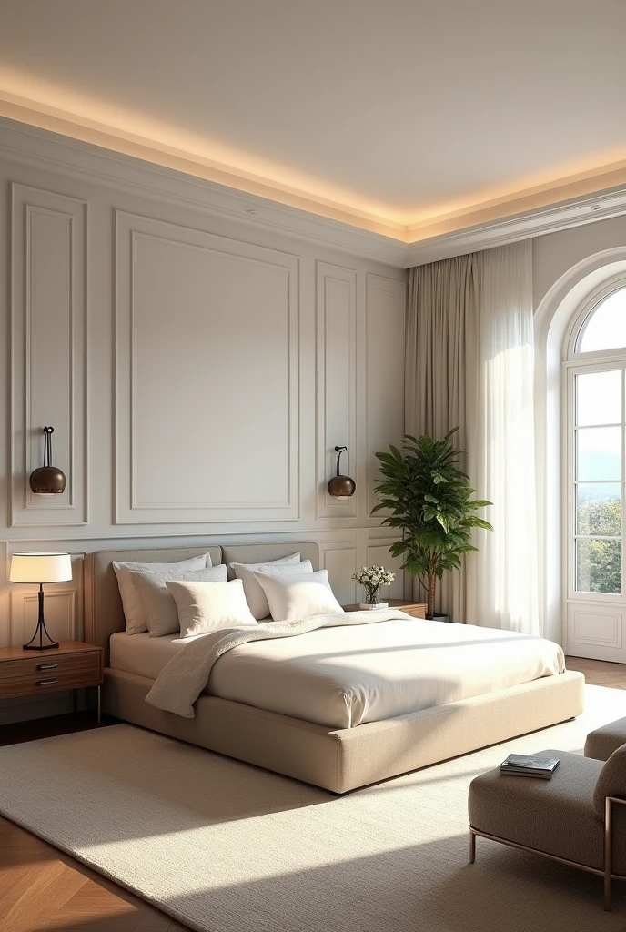 Professional 3d architecture rendering design of modern and light moss and Thunder and light cream and dark wooden French design for bedroom and light cream Persian silk carpet and white painting wall and modern ceiling lighting and modern windows and elegant curtains