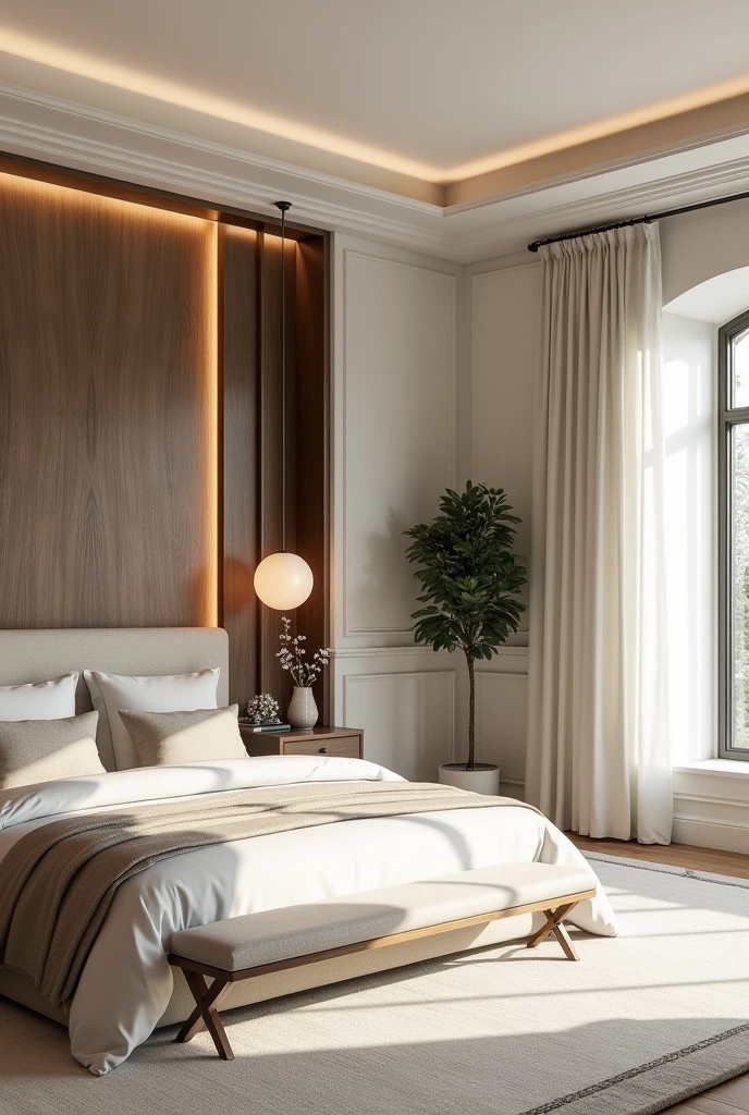 Professional 3d architecture rendering design of modern and light moss and Thunder and light cream and dark wooden French design for bedroom and light cream Persian silk carpet and white painting wall and modern ceiling lighting and modern windows and elegant curtains
