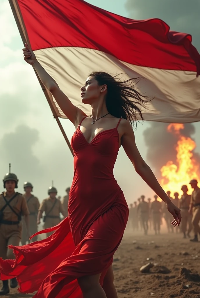 A sexy woman in a torn red dress waves the Indonesian flag on the battlefield, cheered on by the strong wind.